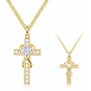 925 Sterling Silver Gold Plated Heart Cross CZ Pendant Necklace 18-20 Inch Women